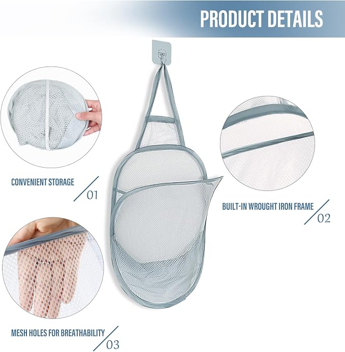 3 Pieces Hanging Laundry Hamper Foldable Mesh Hamper Dirty Cloth Basket - Image 5