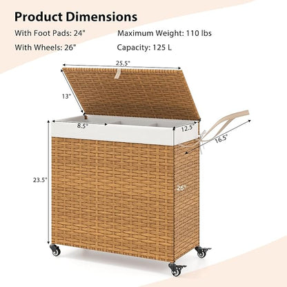 Giantex Laundry Hamper w/Wheels, 3 Section Hamper 125L w/2 Removable Liner Bags - Image 9