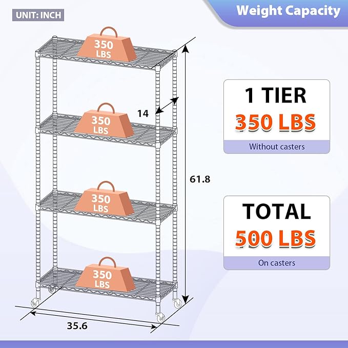 FDW 4-Tier Wire Shelving Storage Shelves Adjustable NSF Wire Shelf Heavy Duty - Image 3