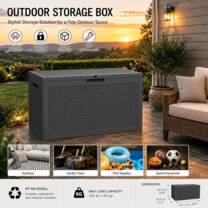 120 Gallon Outdoor Storage Box, Resin Deck Box Waterproof & Lockable, Patio - Image 6