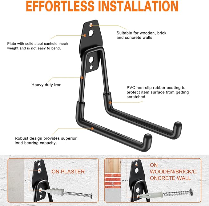 Heavy Duty Garage Hooks 8 Pack, 7.7 inch U Shaped Long Hanger, Wall Mounted - Image 3