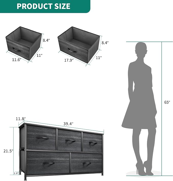 YITAHOME Dresser, Cool Black Wood Grain, 5 Drawers | Fabric Storage Tower - Image 3