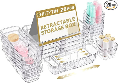 20 Pcs Adjustable Clear Drawer Organizer, Extendable Vanity Storage Bins by Hiitytin