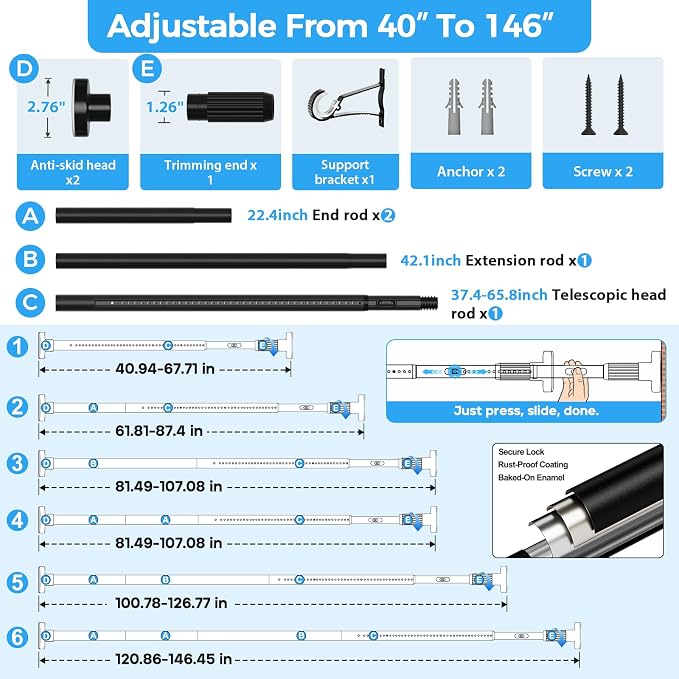 AIZESI 41-144 Inch Heavy Duty Tension Curtain Rod - Image 4