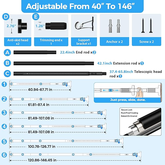 AIZESI 41-144 Inch Heavy Duty Tension Curtain Rod - Image 5