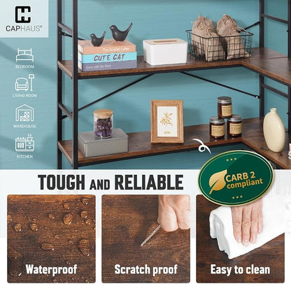 CAPHAUS L-Shaped Bookshelf, 5 Tier Industrial Corner Bookcase, Tall Corner Shelf - Image 4