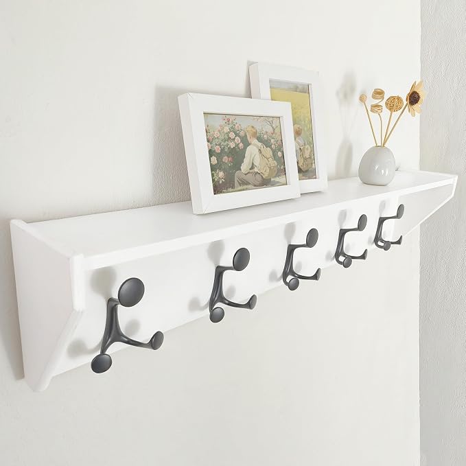 SKOLOO Wall Shelf with Hooks, 35-Inch White Coat Rack Wall Mount with Shelf - Image 3