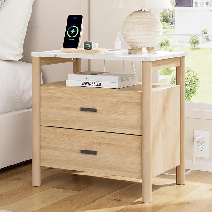 Night Stand with Charging Station, 2 Drawers End Table with Solid Round Post by FavourLife