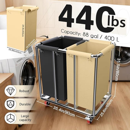 Commercial Laundry Cart with Wheels, 400L 2-Section Large Lanudry Hamper with - Image 2