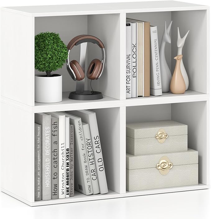 Giantex 4-Cube Bookcase, Stackable White Cube Storage Organizer w/Open Bookshelf by Giantex