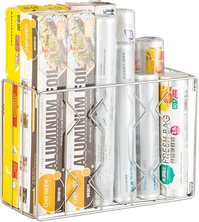 YQh Wall Mount Kitchen Wrap Organizer Rack, Cabinet Storage Basket, Aluminum by YQh