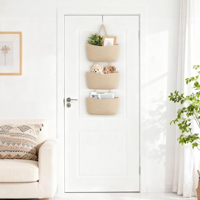 Dahey Over The Door Hanging Basket Storage 3-Tier Woven Wall Basket, Jute | - Image 2
