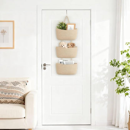 Dahey Over The Door Hanging Basket Storage 3-Tier Woven Wall Basket, Jute | - Image 2
