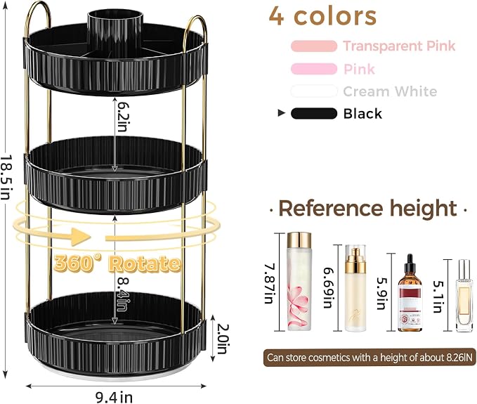 360° Rotating Makeup Organizer, Upgraded 3 Tier Skincare Perfume Organizers - Image 2