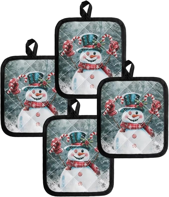 4 PCS Christmas Snowman Blue Forest Pattern Hot Pot Holders Non Slip Heat - Image 4
