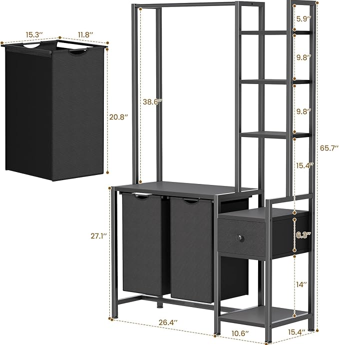 Laundry Hamper with Shelf, 5 Tiers Tall Laundry Basket Sorter with 2 Pull-Out - Image 3