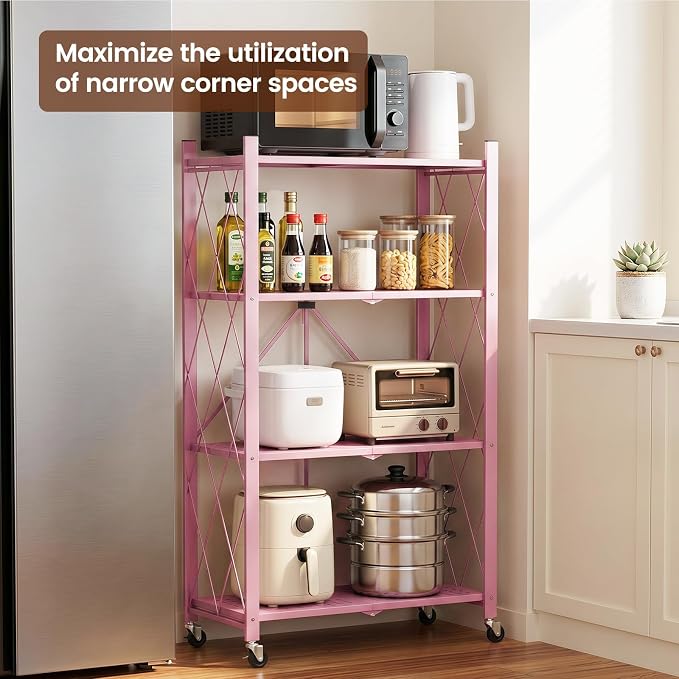 ALANNG 4 Tier Folding Storage Shelf on Wheels, Heavy Duty Metal Rolling Cart | - Image 3