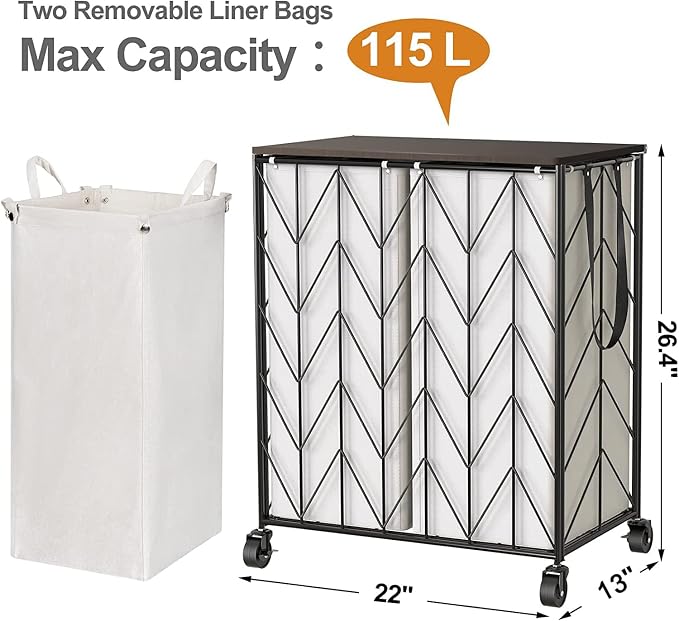 WOWLIVE Laundry Basket with Wheels, Heavy Duty Laundry Hamper with Wood Lid - Image 3