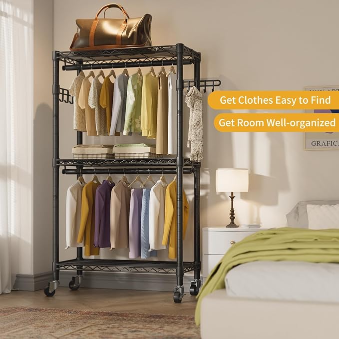 Heavy Duty Clothes Rack Rolling Garment Rack, 3 Tier Adjustable Wire Shelving - Image 7