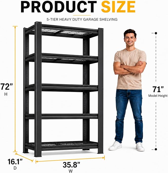 SAWJEC Garage Shelving Unit, 2000 lb | 72"H x 35.8"W x 16.1"D, 5 Adjustable - Image 2