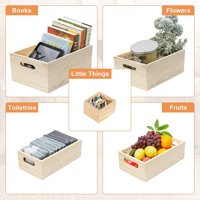 6 Packs Unfinished Wooden Box 5 Sizes Natural Handles Wood Boxes Storage - Image 7