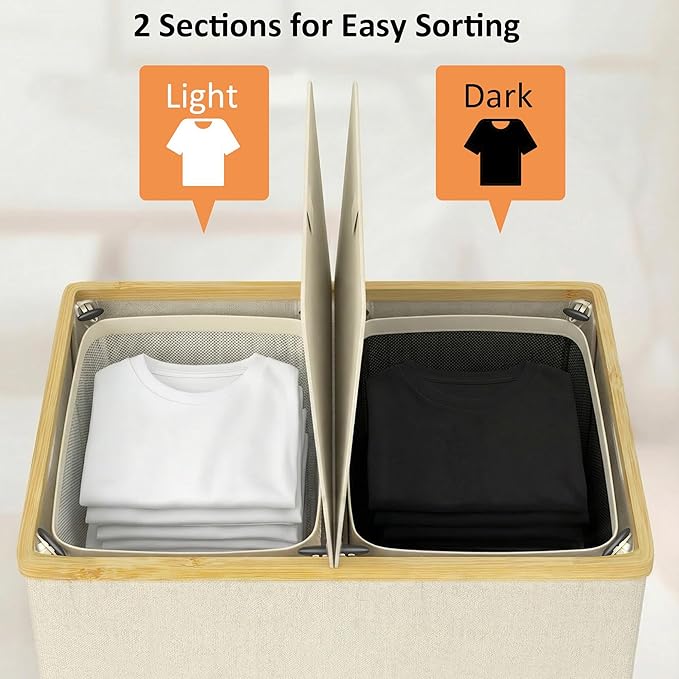 efluky Laundry Hamper with Lid, Double Laundry Basket with 2 Removable Bags - Image 3