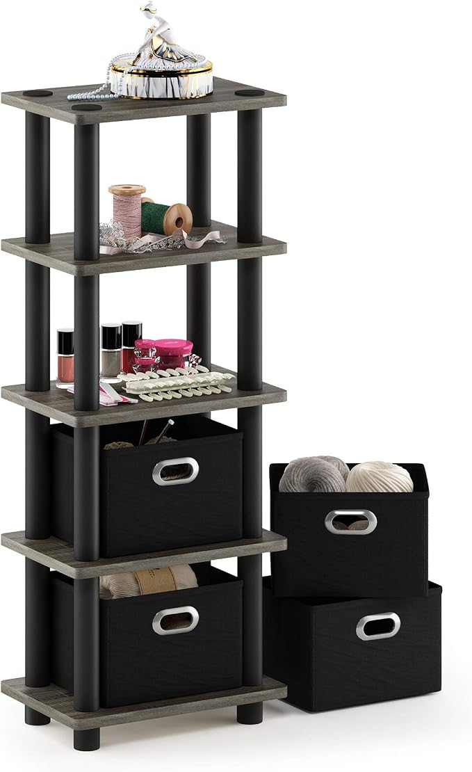 FURINNO Turn-N-Tube LACi 4-Bins System Rack, French Oak Grey/Black - Image 5