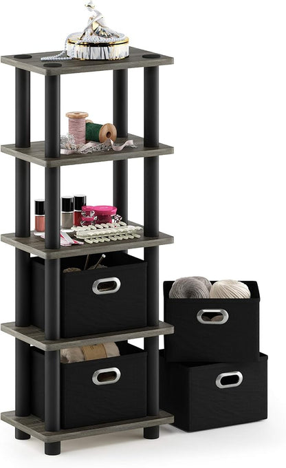 FURINNO Turn-N-Tube LACi 4-Bins System Rack, French Oak Grey/Black - Image 5