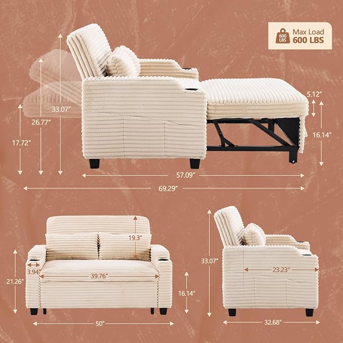 VINGLI Beige Futon Sofa Bed Convertible Loveseat Sleeper Sofa Couch, Corduroy - Image 2