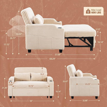 VINGLI Beige Futon Sofa Bed Convertible Loveseat Sleeper Sofa Couch, Corduroy - Image 2