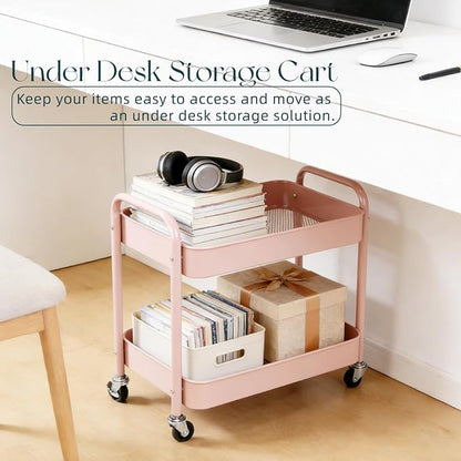 2 Tier Pink Rolling Cart with Wheels - Image 3