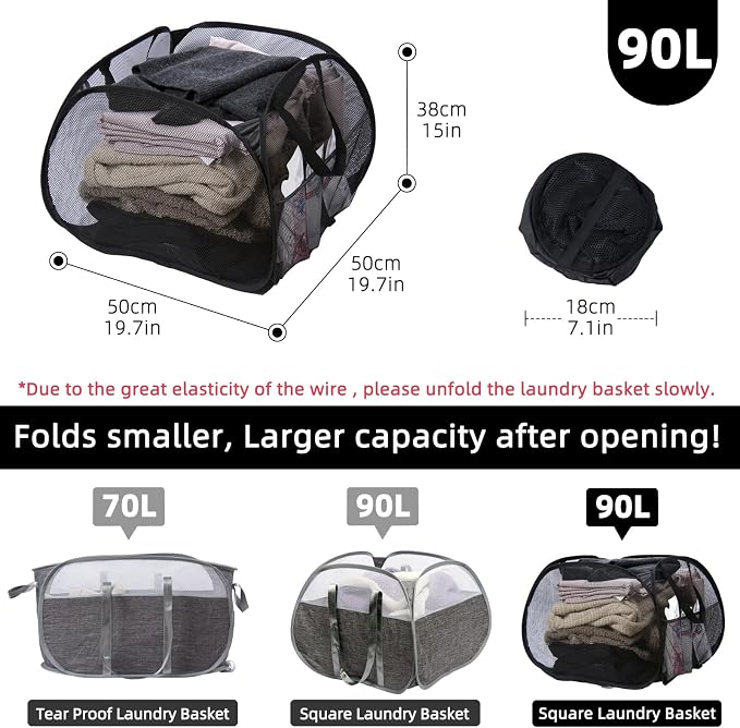 Collapsible Laundry Basket, 90L Mesh Pop-up Hamper - Image 2