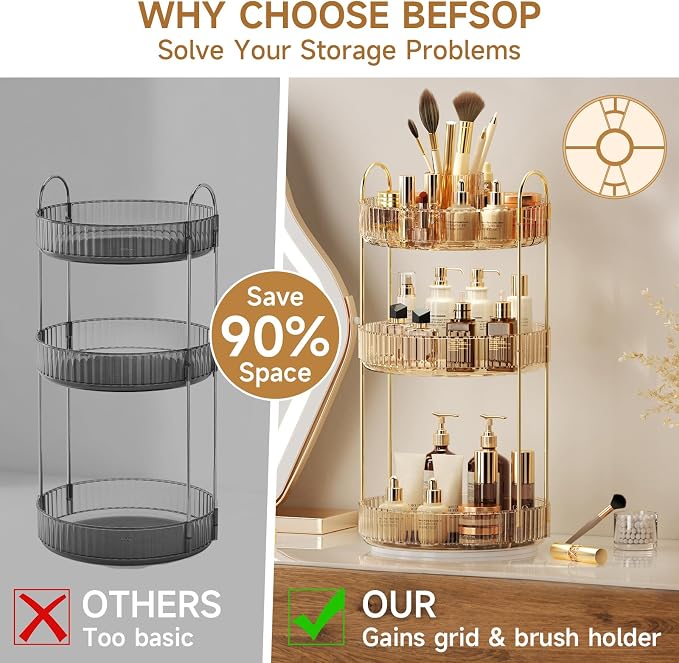 360° Rotating Makeup Organizer, Upgraded 3 Tier Skincare Perfume Organizers - Image 3
