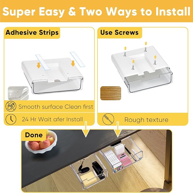 2 Pack Under Desk Hanging Drawer Slide Pull Out, Attachable Clear Acrylic - Image 6