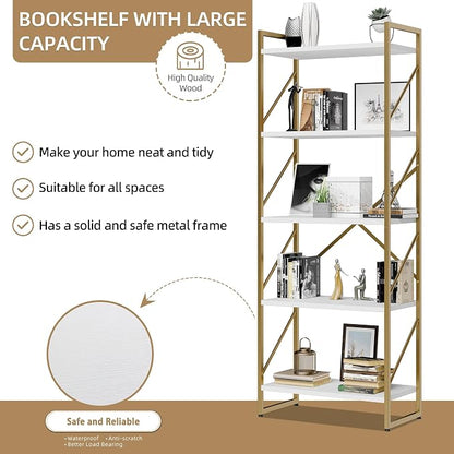 Vongrasig 5 Tier Bookshelf, Modern Tall Bookcase, Industrial Book Shelves - Image 5