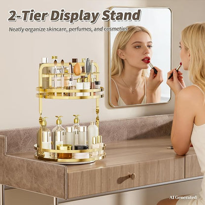 360° Rotating Makeup Organizer, 2-Tier Gold Perfume Organizer - Image 2