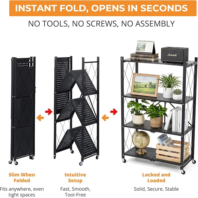 COKIHOM 4 Tier Foldable Storage Shelf, Large Capacity Metal Shelf Rack - Image 4