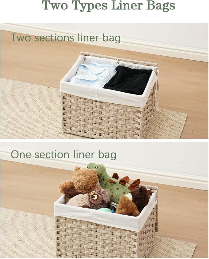 SETVSON Storage Basket with Lid, 2-Lid PE Rattan Storage Bin, Light Khaki | - Image 6