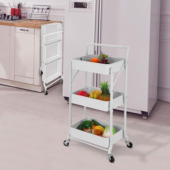Foldable 3 Tier Metal Utility Rolling Cart, Folding Mobile Multi-Function - Image 9