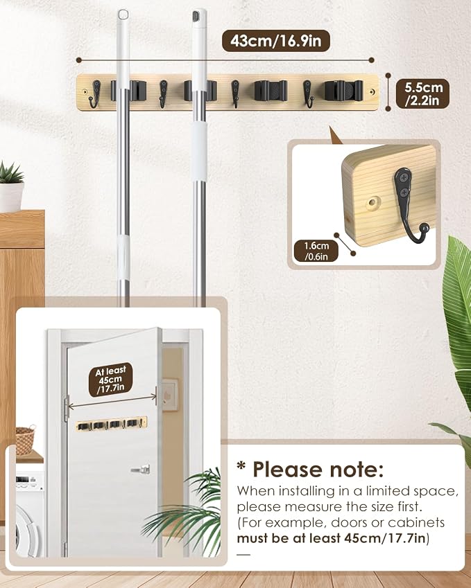 Broom Holder Wall Mounted, Light Wood 4 Holders and 4 Hooks Mop Holder - Image 4