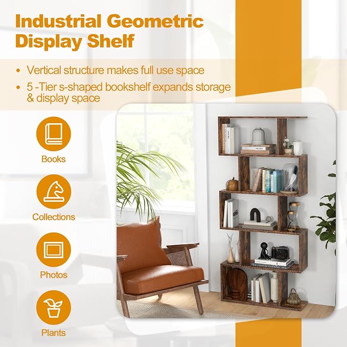 5-Tier Geometric Bookcase Set of 2, 62.5” Freestanding Room Divider Bookshelf - Image 6