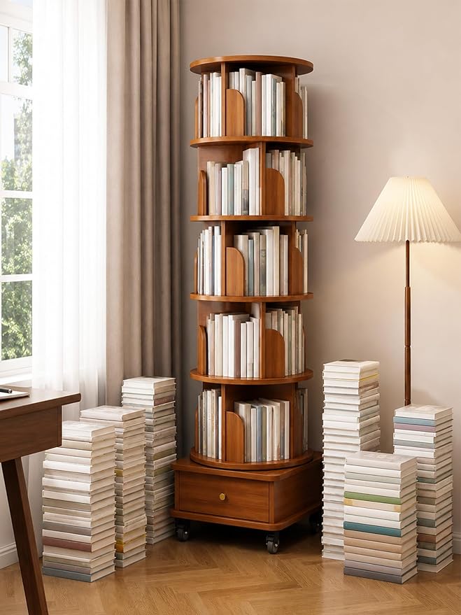 6 Tier Rotating Bookshelf with Cabinet On Wheel, 360° Display Spinning Corner - Image 2