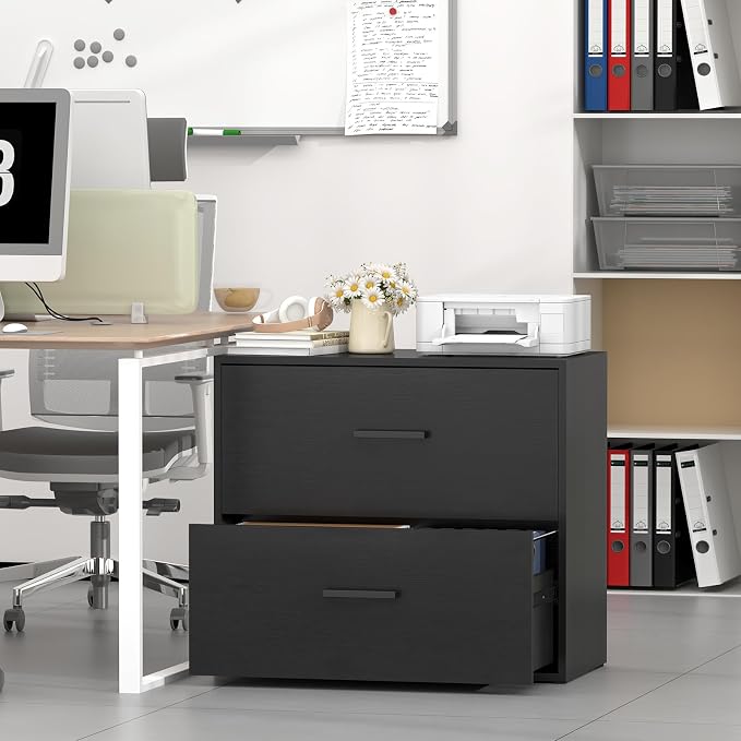 Lateral File Cabinet 2 Drawer, Wood Black File Cabinet - Image 2