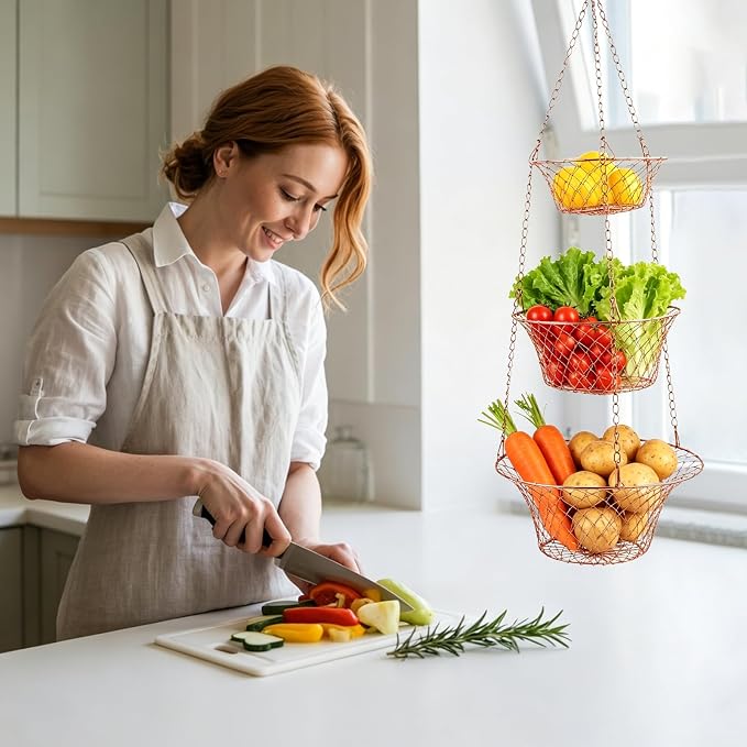2PCS 3 Tier Hanging Fruit Basket Wire Kitchen Storage Organizer | Rose Gold - Image 6
