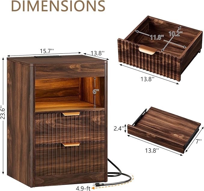 REAHOME Fluted Nightstand with Charging Station, Modern LED Night Stand with 2 - Image 2