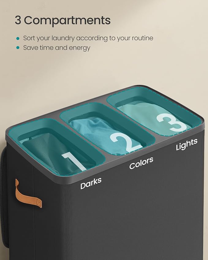 SONGMICS Laundry Basket, 50.2 Gal. Laundry Hamper, 3 Compartments, Easy Assembly - Image 3