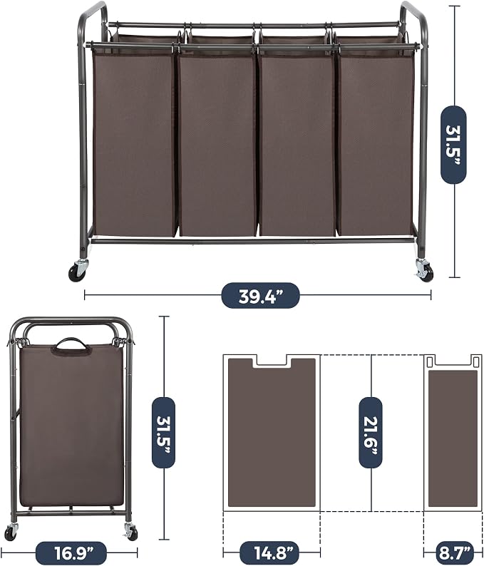 STO STO Laundry Sorter 4 Section, 4 Bag Laundry Hamper, Rolling Laundry Cart - Image 6