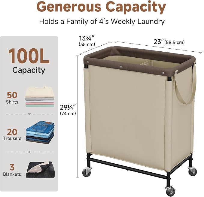 StorageWorks Laundry Hamper 2 Section, 100L Rolling Laundry Sorter Cart - Image 3