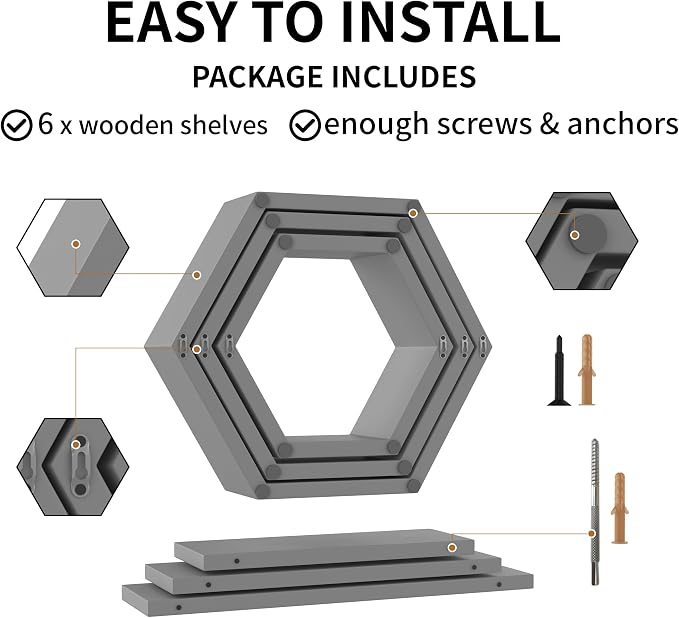 Wooden Hexagon Floating Shelves Wall Mounted, Rustic Honeycomb Shelves - Image 7