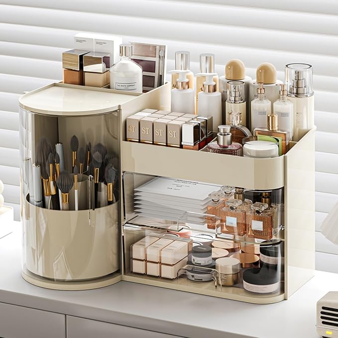 Makeup Organizer with Rotating Brush Holder Cosmetic Organizer with Drawers by Booklov